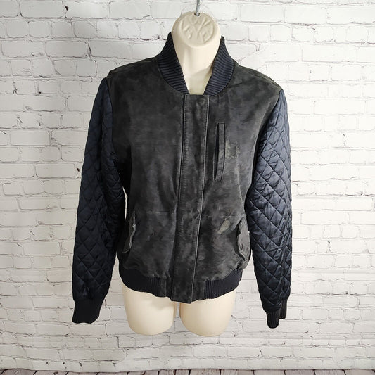 Michael Stars Black 100% Goat Suede Navy Quilt Sleeve Women's Bomber Jacket S