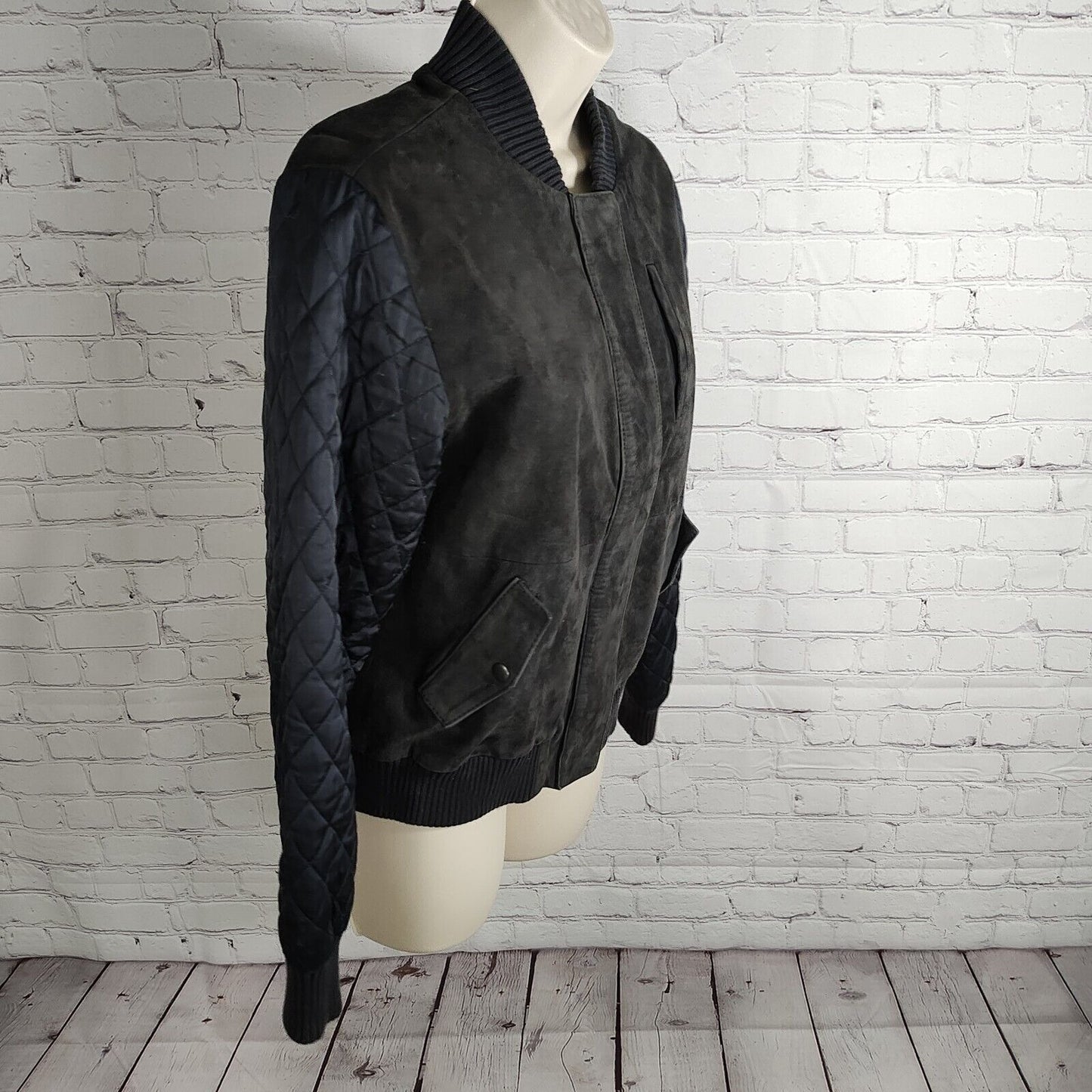 Michael Stars Black 100% Goat Suede Navy Quilt Sleeve Women's Bomber Jacket S