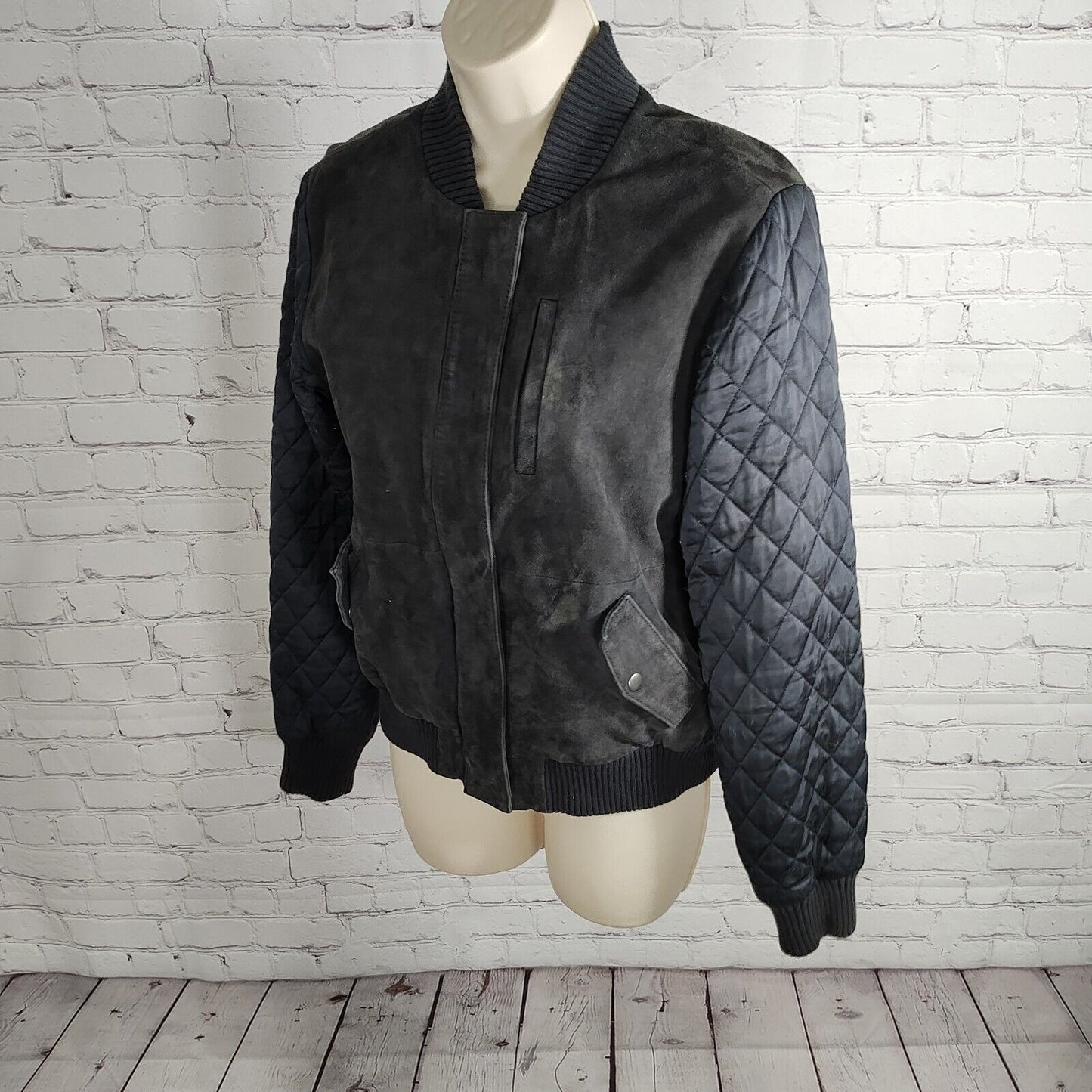 Michael Stars Black 100% Goat Suede Navy Quilt Sleeve Women's Bomber Jacket S
