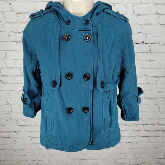 Tulle Anthropologie Blue Cotton Double Breasted 3/4 Sleeve Jacket Size Small S