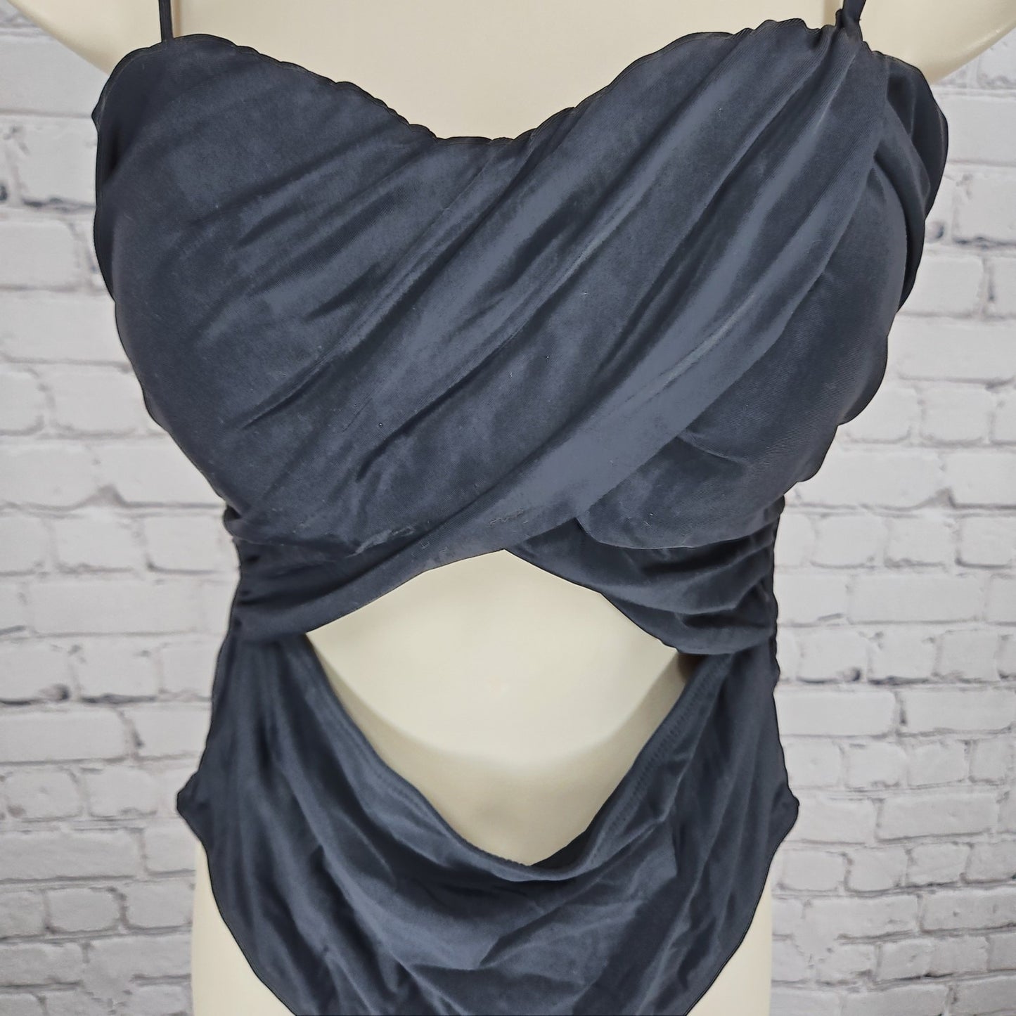NWT Cupshe Black Draped Twist Front Cutout One Piece Swimsuit Bathing Suit M