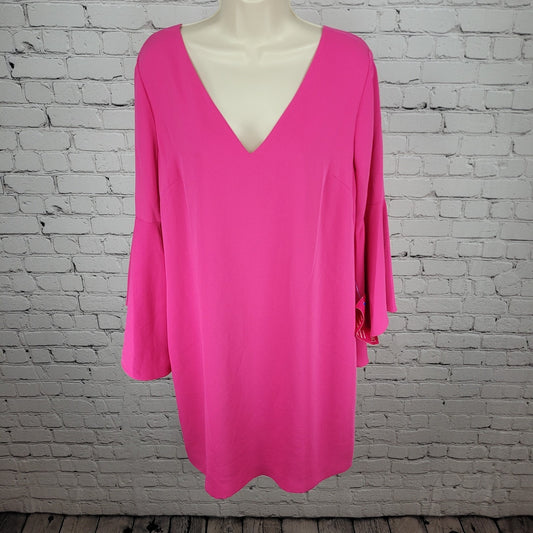 NWT Trina Turk Hot Pink Long Bell Sleeve Tie Back Lined Shift Dress Size Large L