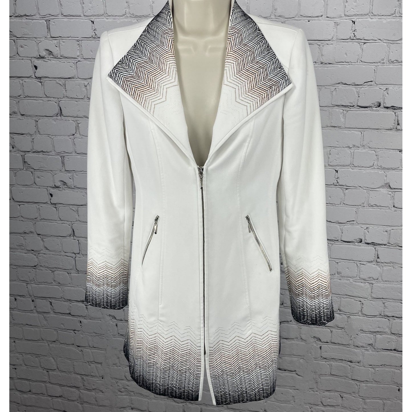 White House Black Market White Embroidered Accents Zipped Lined Long Jacket XXS