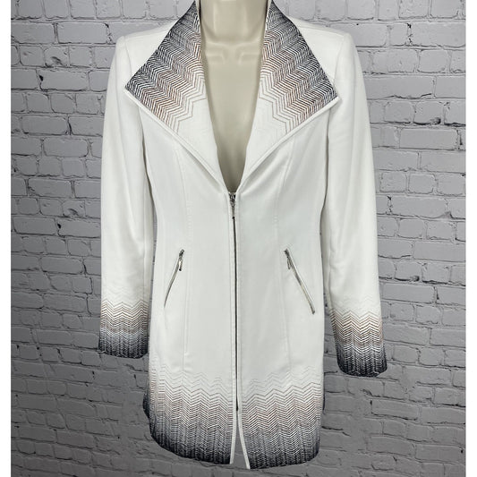White House Black Market White Embroidered Accents Zipped Lined Long Jacket XXS