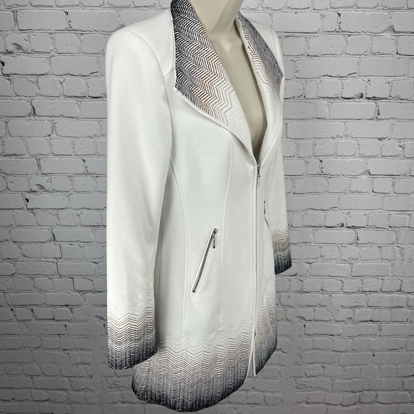 White House Black Market White Embroidered Accents Zipped Lined Long Jacket XXS