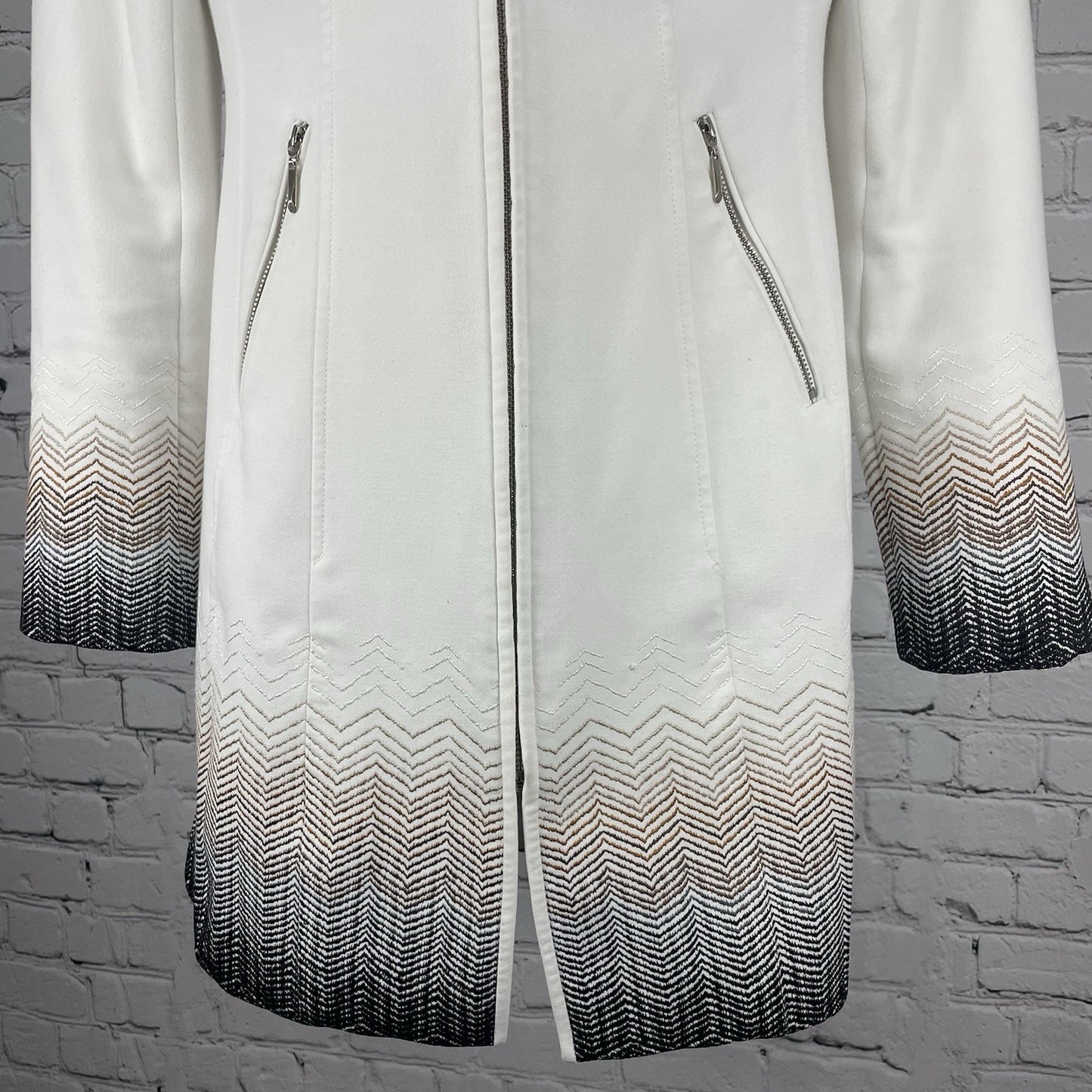 White House Black Market White Embroidered Accents Zipped Lined Long Jacket XXS