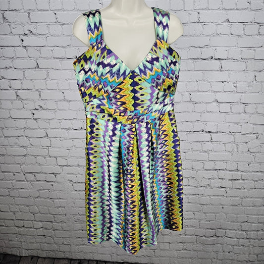 Kay Unger New York Multicolor Silk Blend Print Pleated Lined Midi Dress 12