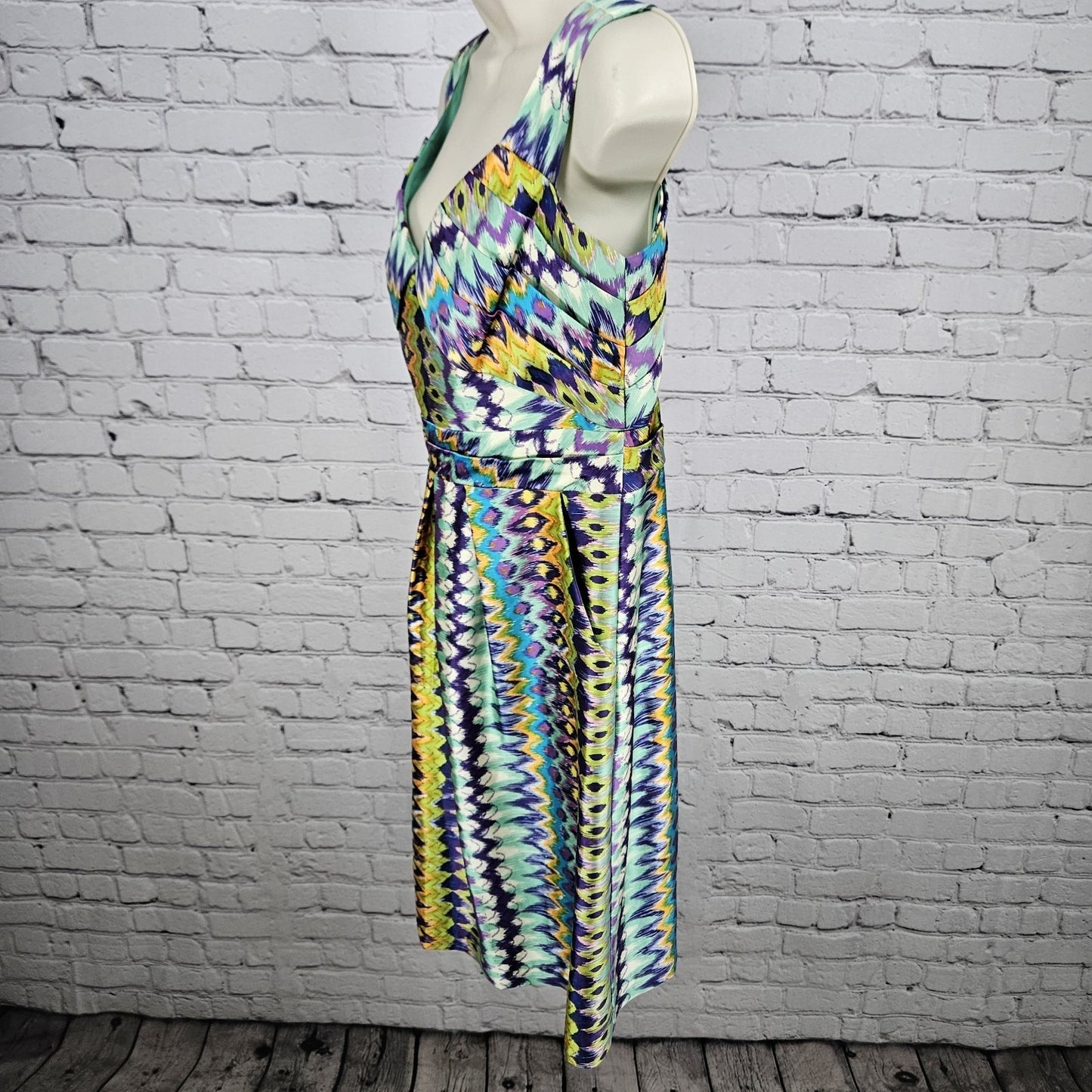 Kay Unger New York Multicolor Silk Blend Print Pleated Lined Midi Dress 12