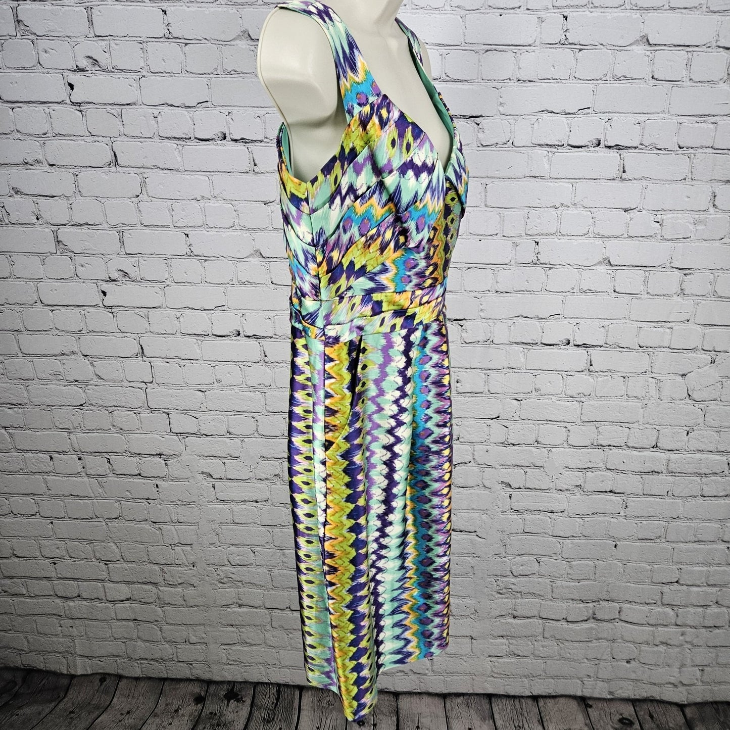 Kay Unger New York Multicolor Silk Blend Print Pleated Lined Midi Dress 12