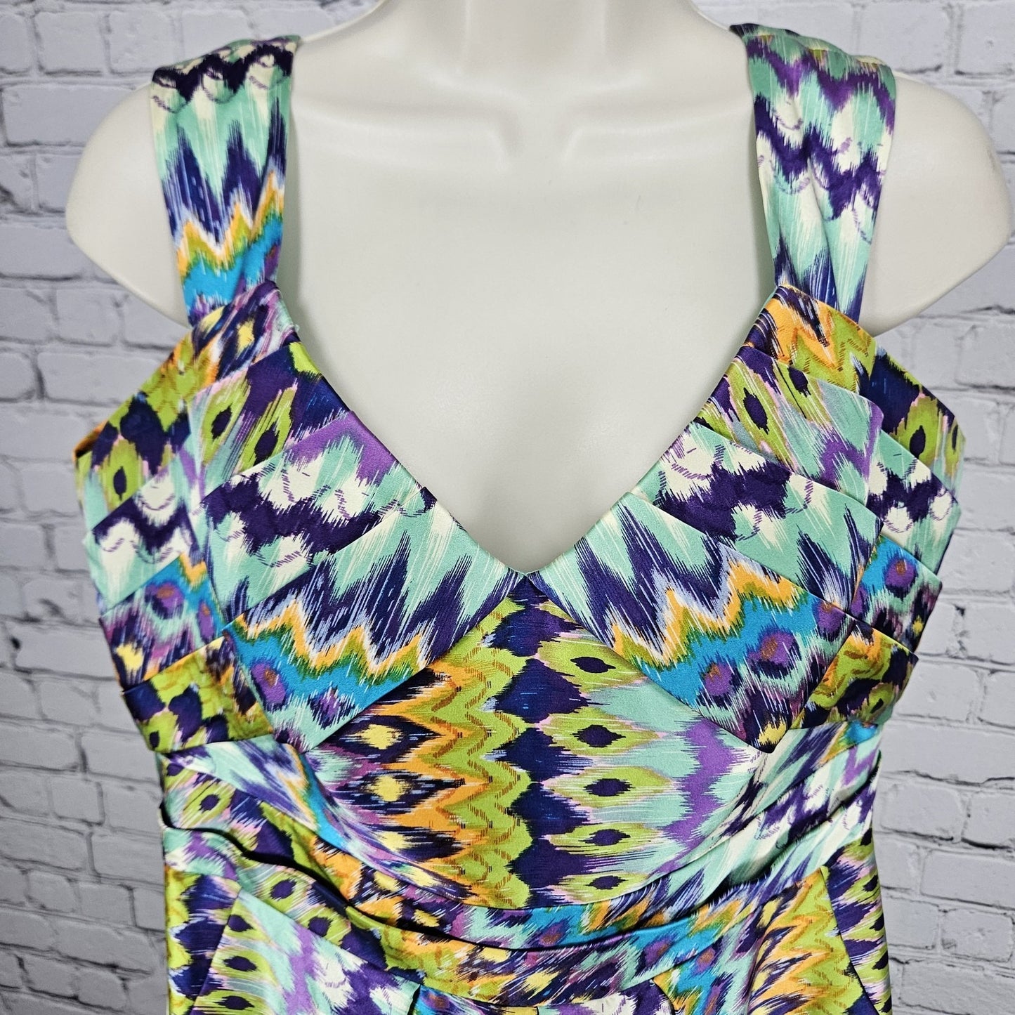 Kay Unger New York Multicolor Silk Blend Print Pleated Lined Midi Dress 12