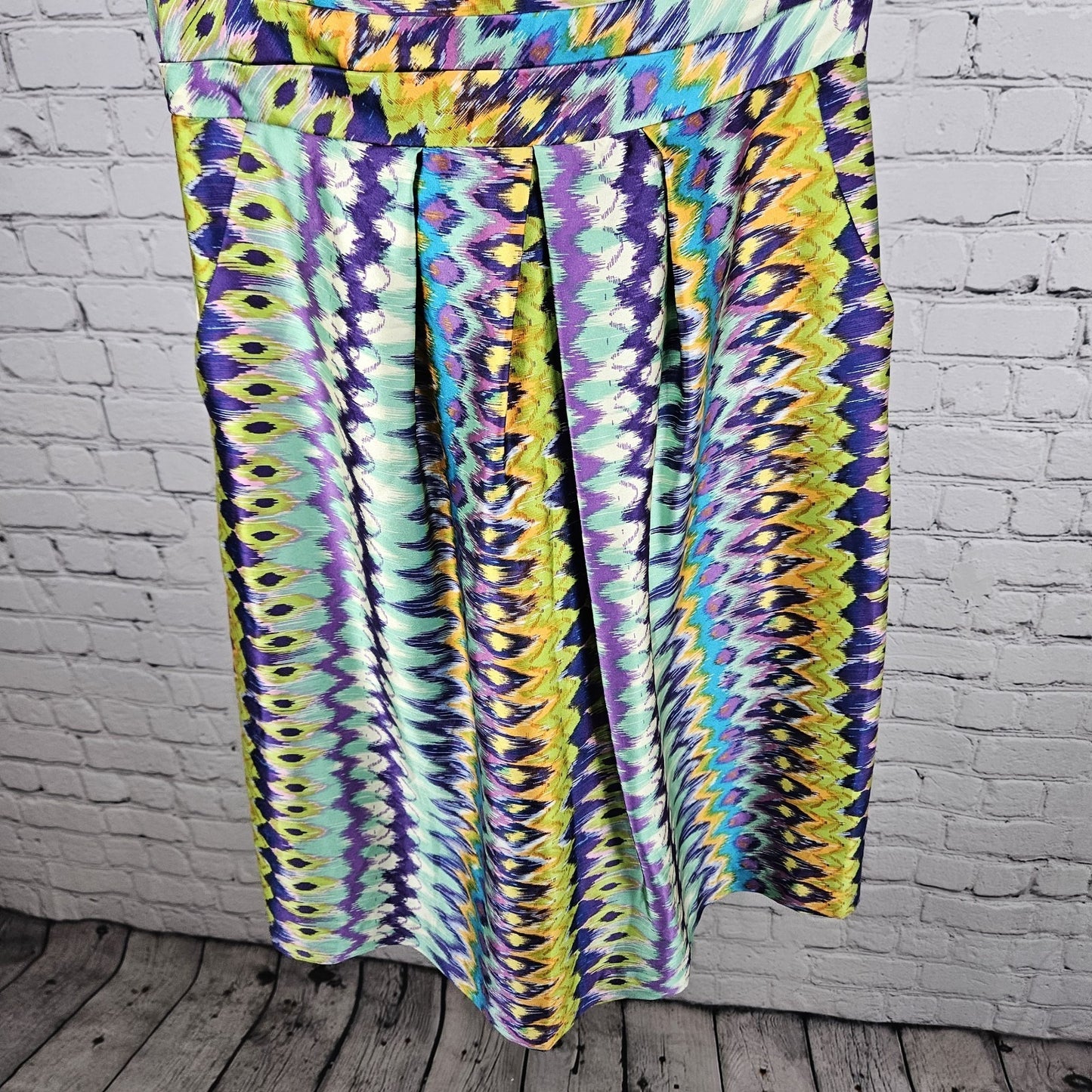 Kay Unger New York Multicolor Silk Blend Print Pleated Lined Midi Dress 12