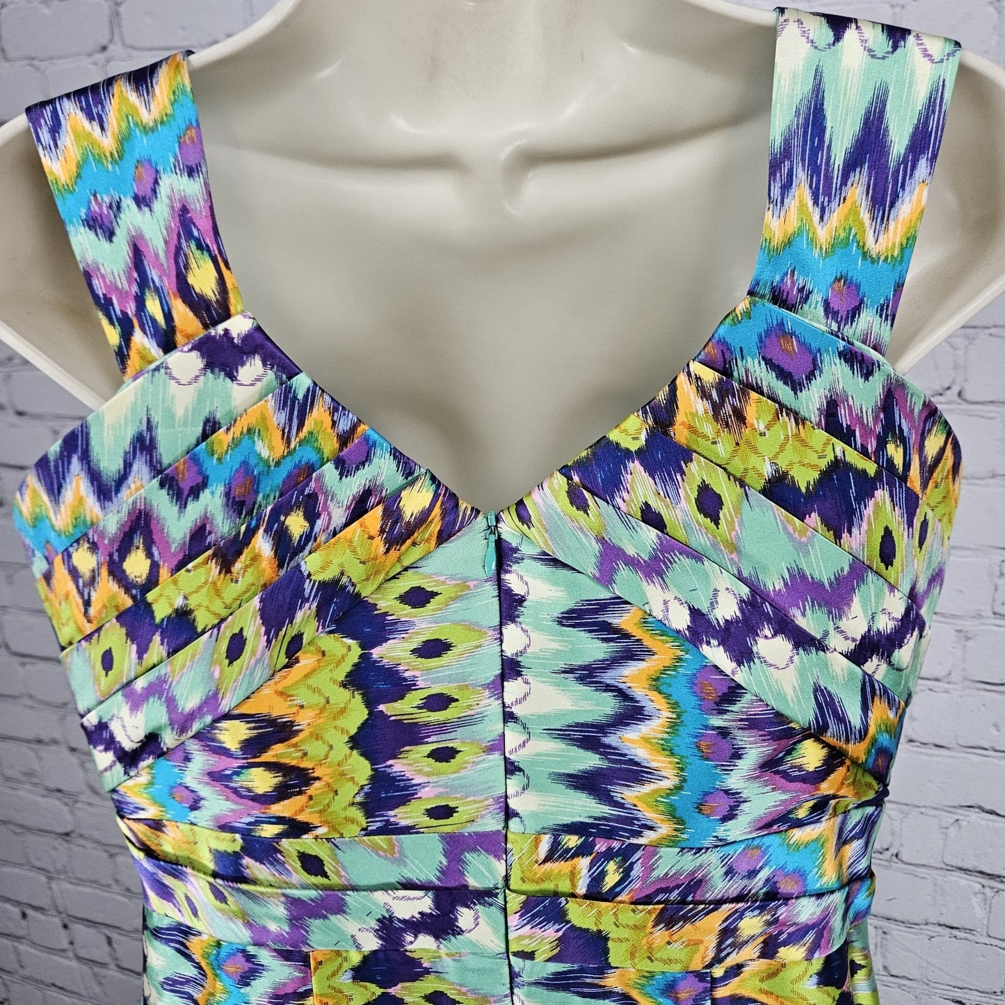 Kay Unger New York Multicolor Silk Blend Print Pleated Lined Midi Dress 12