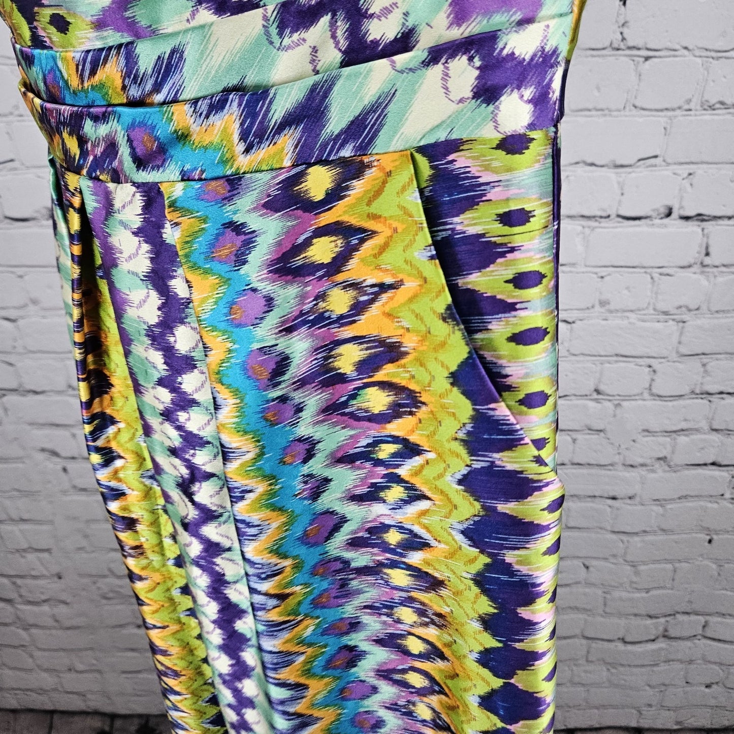 Kay Unger New York Multicolor Silk Blend Print Pleated Lined Midi Dress 12