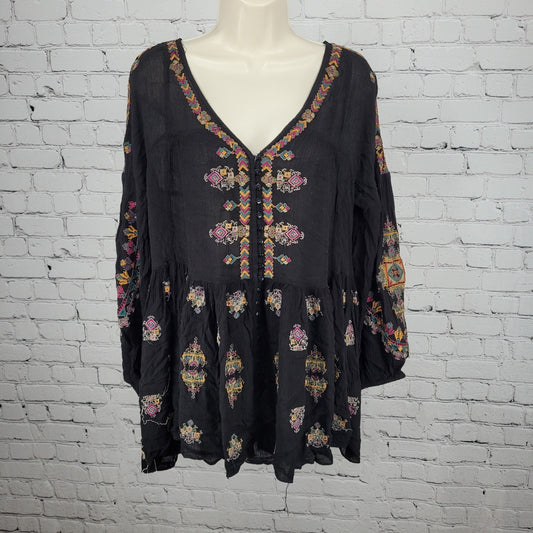 Free People Black Embroidered Long Balloon Sleeve Boho Tunic Top Blouse XS