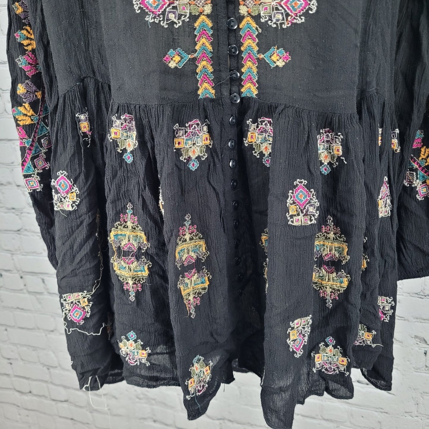 Free People Black Embroidered Long Balloon Sleeve Boho Tunic Top Blouse XS
