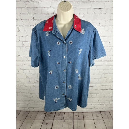 Vtg DONN KENNY Embroidered Beaded Short Sleeve Red Collar Denim Button Up XL