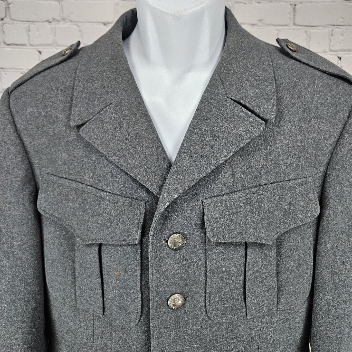 VTG Swiss Army Grey Military Issue Uniform Buttoned Lined Notch Jacket Coat M/L