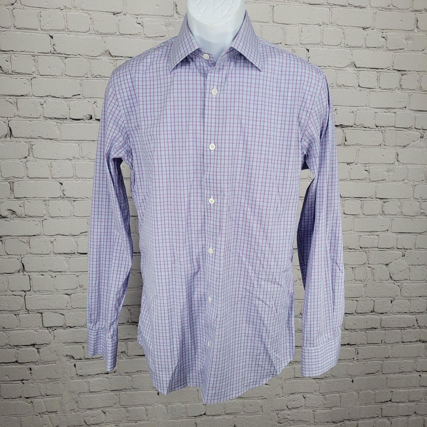 Bonobos Blue Purple Stretch Slim Fit Check Long Sleeve Shirt Size Medium M 15.5