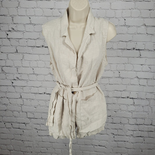 Tahari Beige 100% Linen Sleeveless Belted Buttoned Collared Top Jacket Medium M