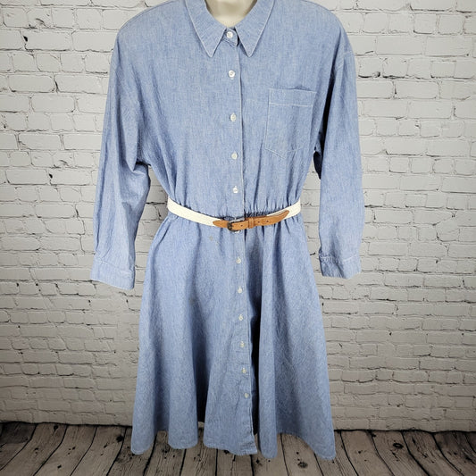 VTG Neiman Marcus Blue Chambray Belted A Line Shirt Dress USA Made Size 14