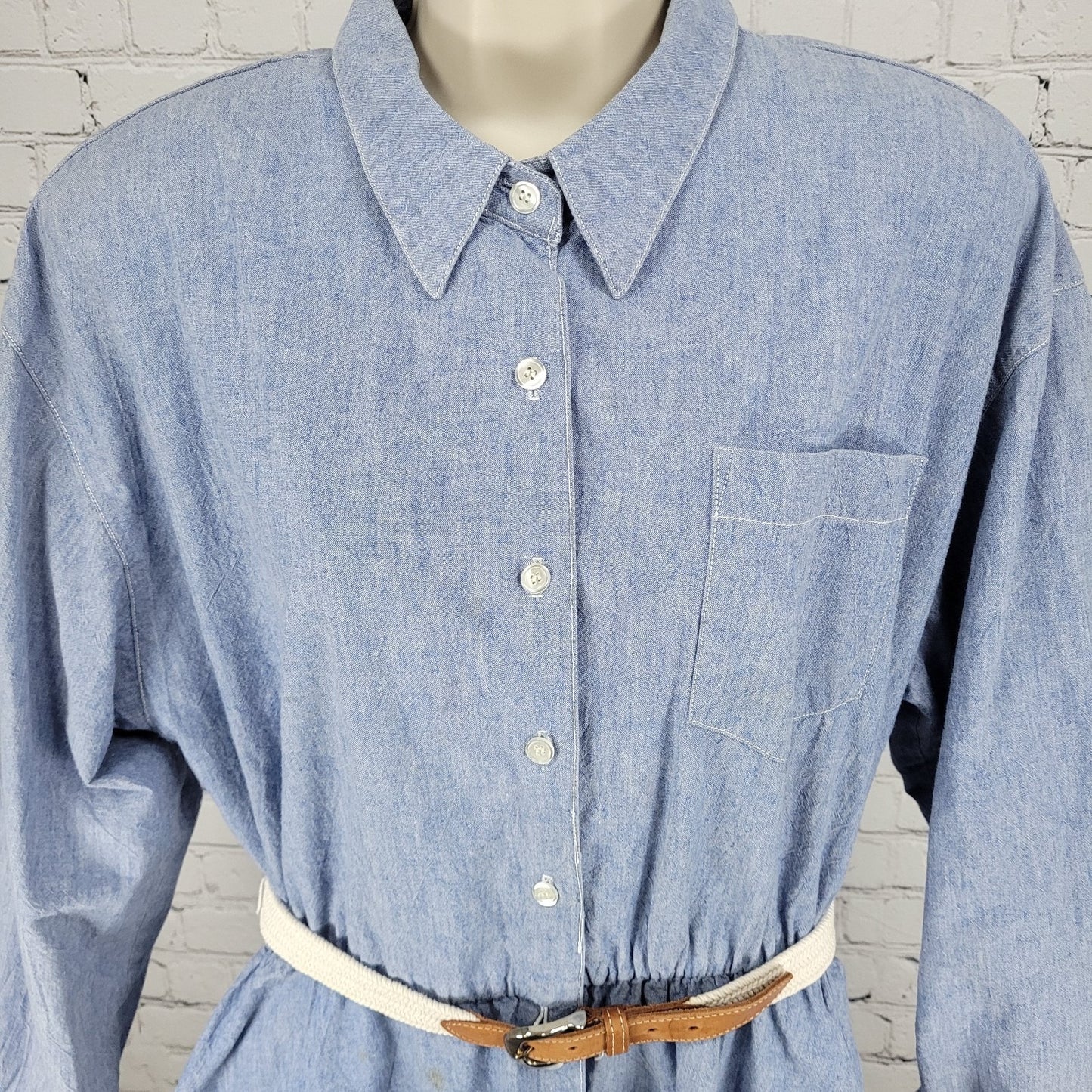 VTG Neiman Marcus Blue Chambray Belted A Line Shirt Dress USA Made Size 14