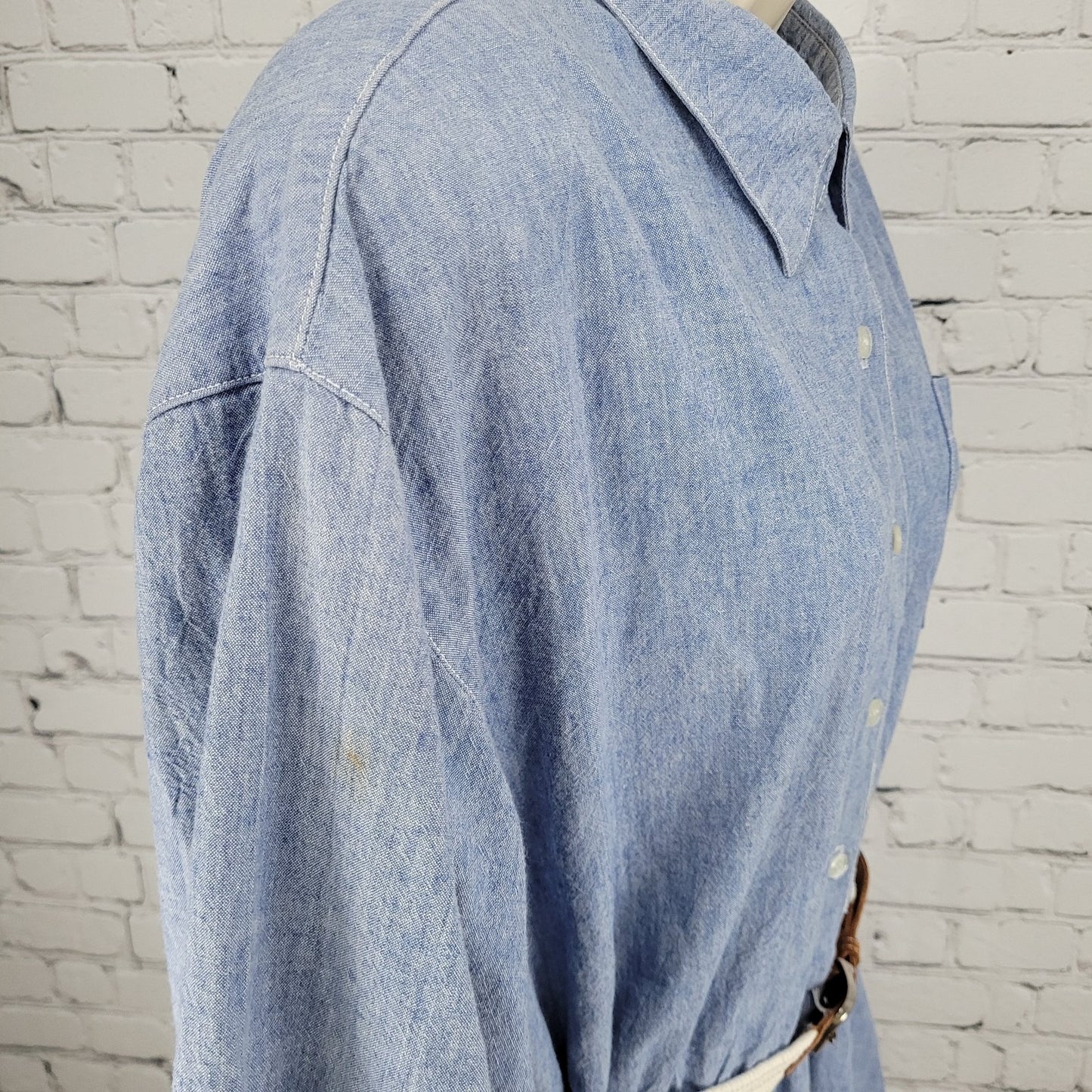 VTG Neiman Marcus Blue Chambray Belted A Line Shirt Dress USA Made Size 14