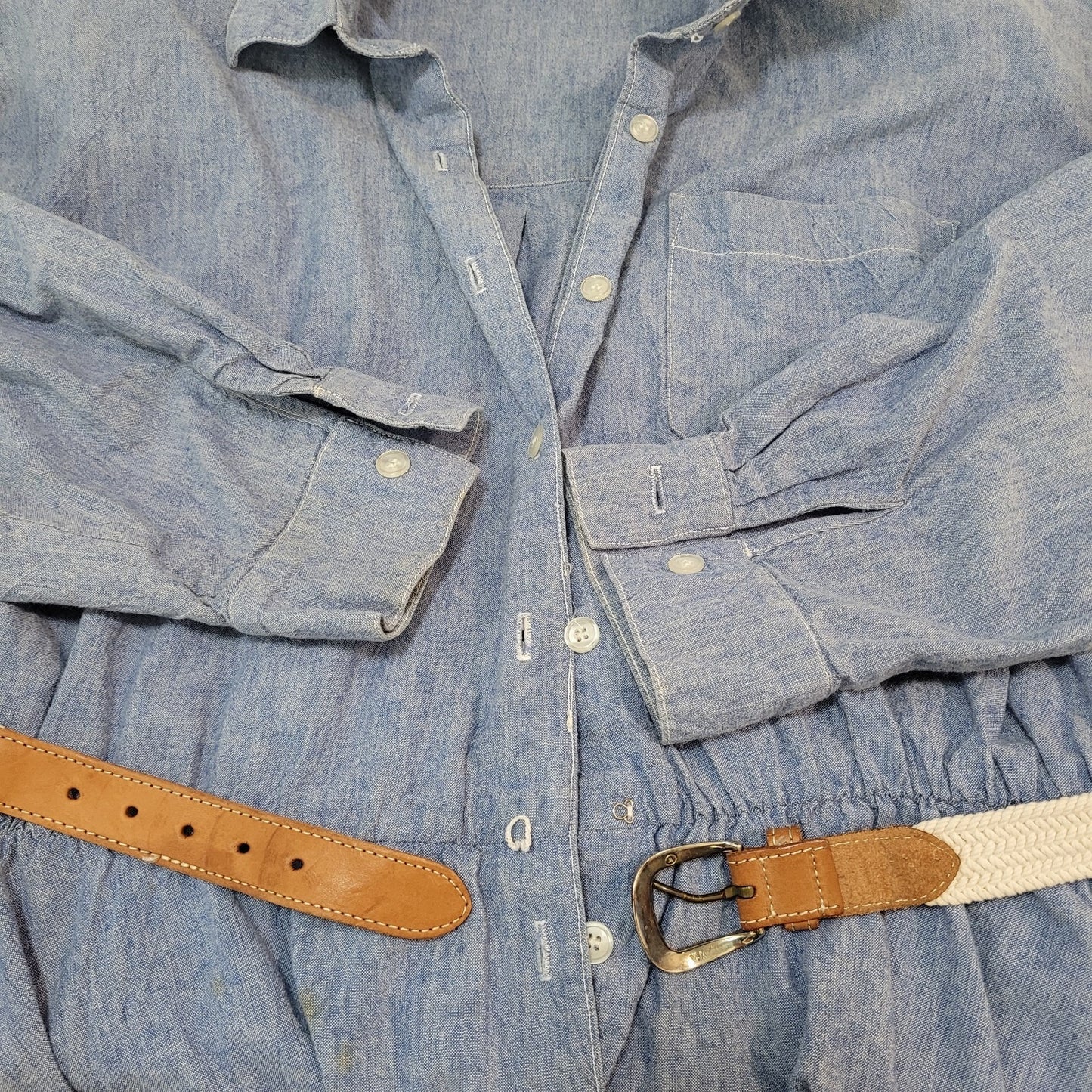 VTG Neiman Marcus Blue Chambray Belted A Line Shirt Dress USA Made Size 14