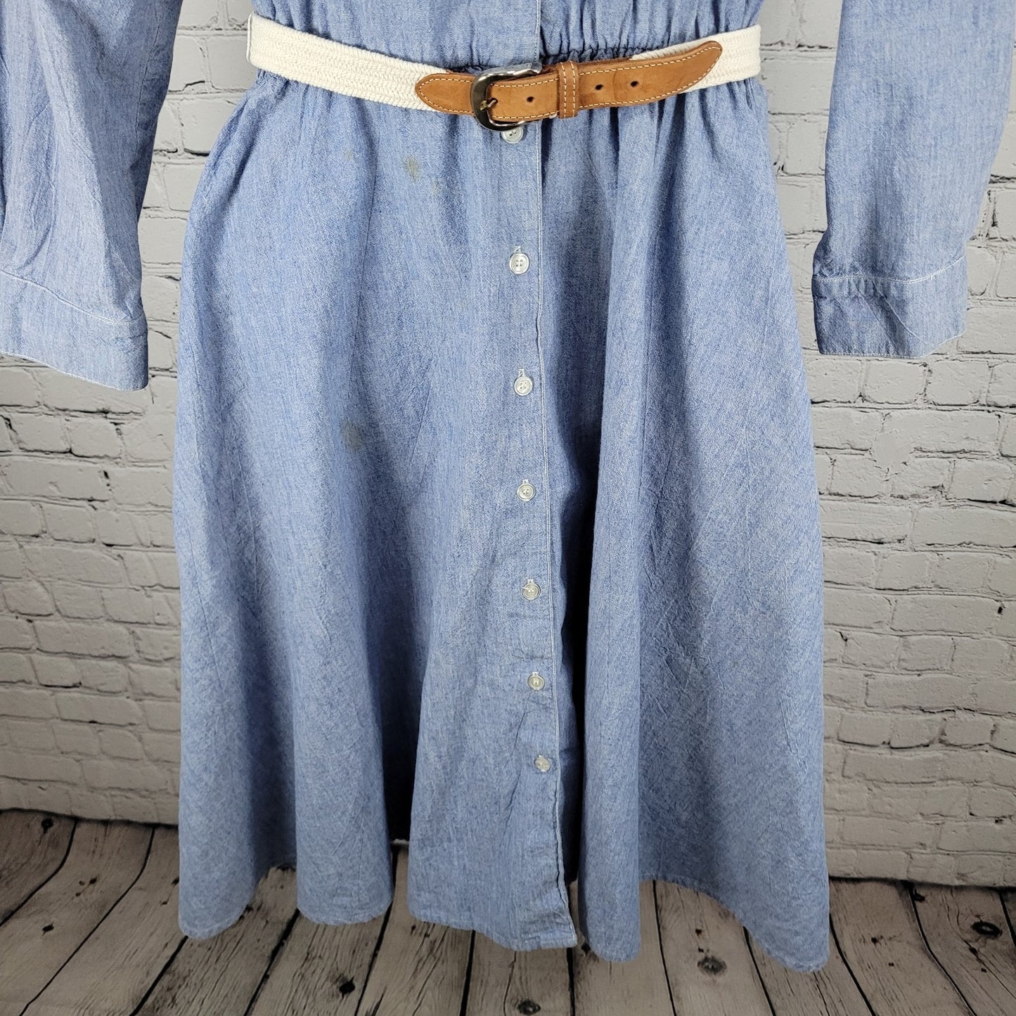 VTG Neiman Marcus Blue Chambray Belted A Line Shirt Dress USA Made Size 14