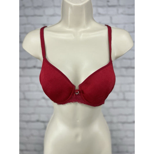 Chantelle Red Full Unlined Lace Underwired Bra Ruffled Straps Rhinestones 32D