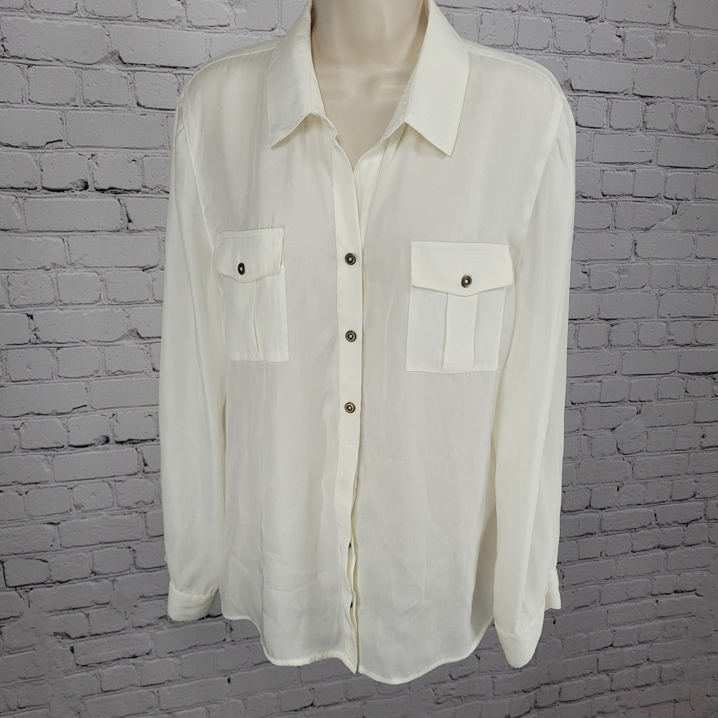 Chico's Ivory White Semi Sheer Button Up Roll Tab Long Sleeve Shirt Top 2 US 12