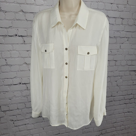 Chico's Ivory White Semi Sheer Button Up Roll Tab Long Sleeve Shirt Top 2 US 12