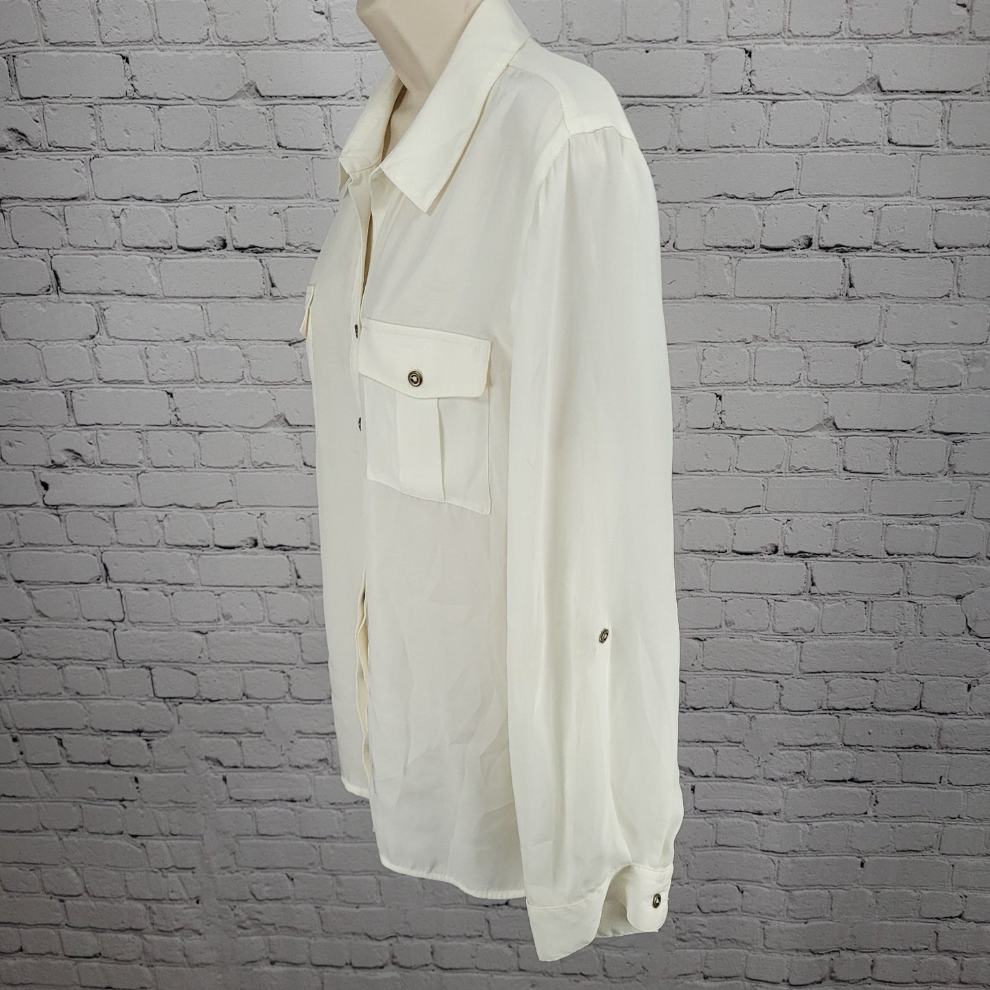 Chico's Ivory White Semi Sheer Button Up Roll Tab Long Sleeve Shirt Top 2 US 12