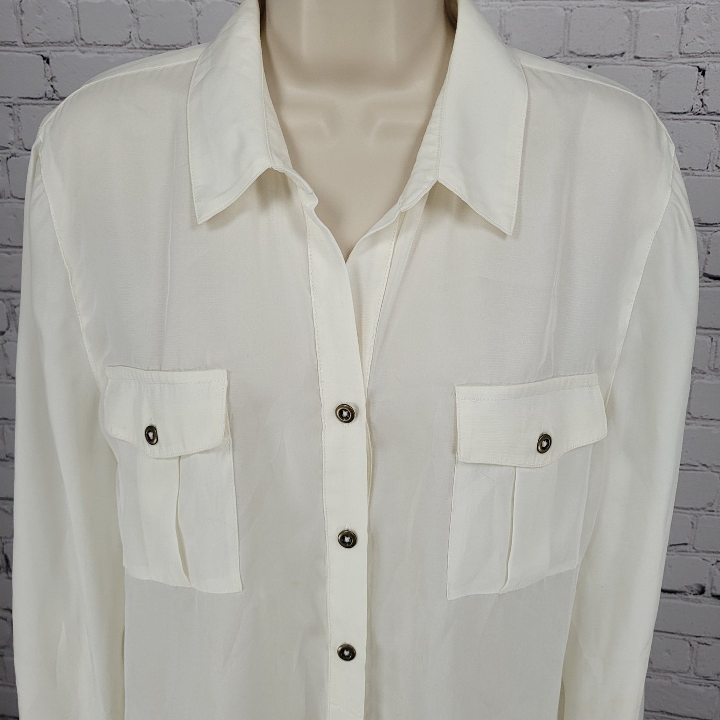 Chico's Ivory White Semi Sheer Button Up Roll Tab Long Sleeve Shirt Top 2 US 12