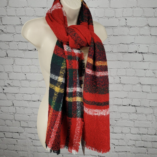 NWT J. Jill Cherry Red Multicolor Plaid Fringe Soft Rectangle Scarf 72x25