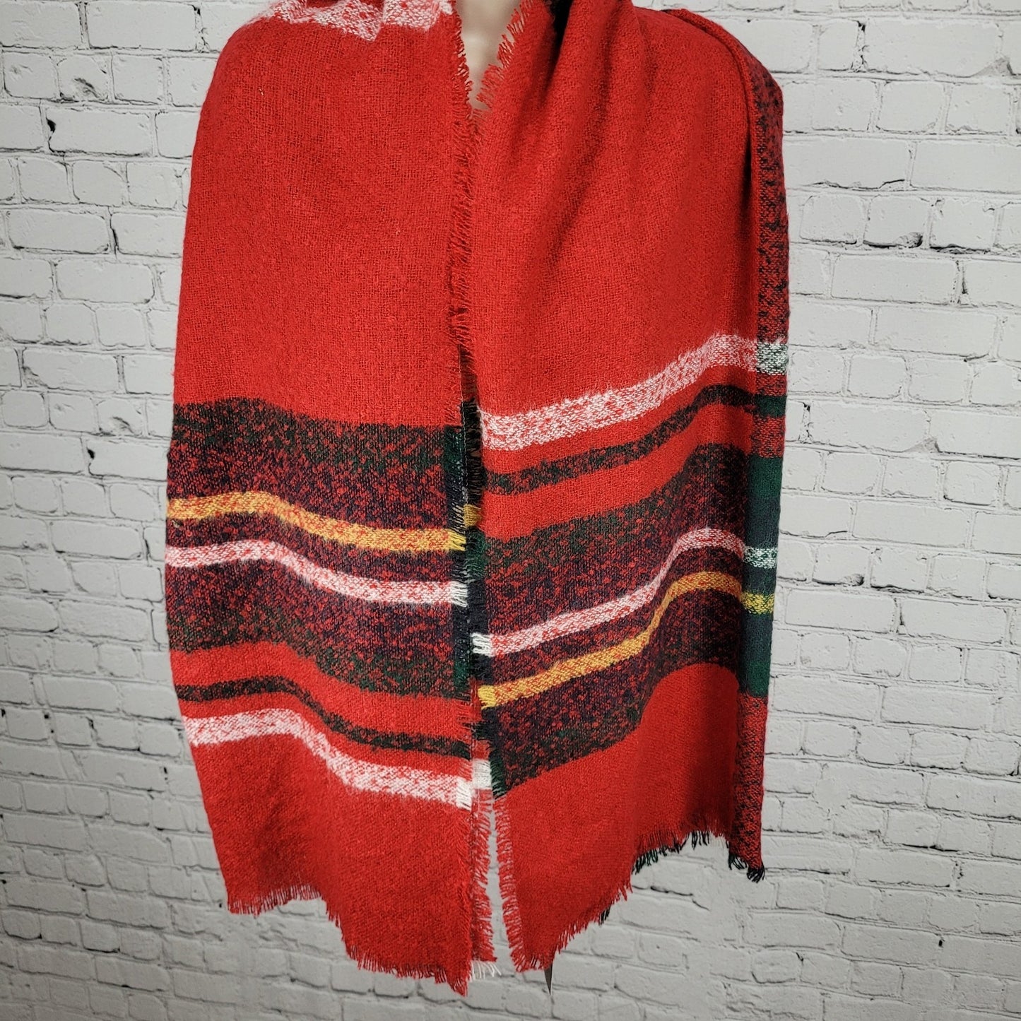 NWT J. Jill Cherry Red Multicolor Plaid Fringe Soft Rectangle Scarf 72x25