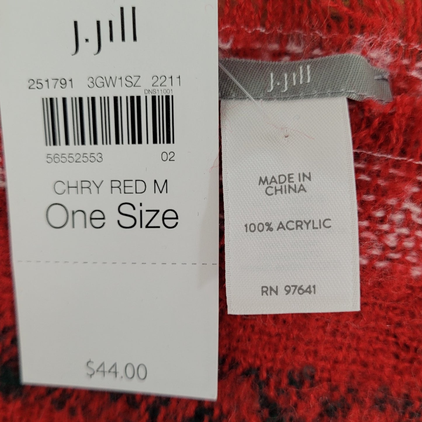 NWT J. Jill Cherry Red Multicolor Plaid Fringe Soft Rectangle Scarf 72x25