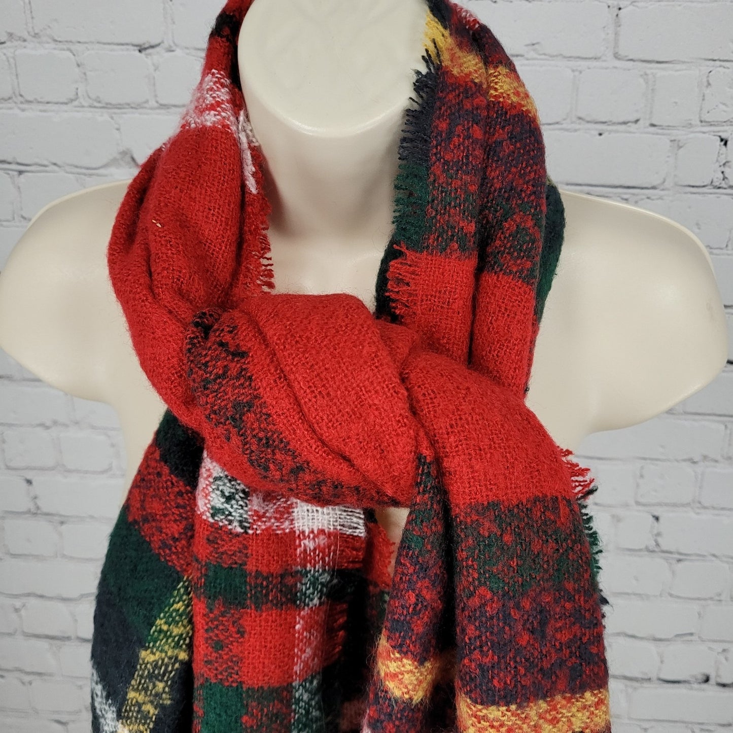 NWT J. Jill Cherry Red Multicolor Plaid Fringe Soft Rectangle Scarf 72x25