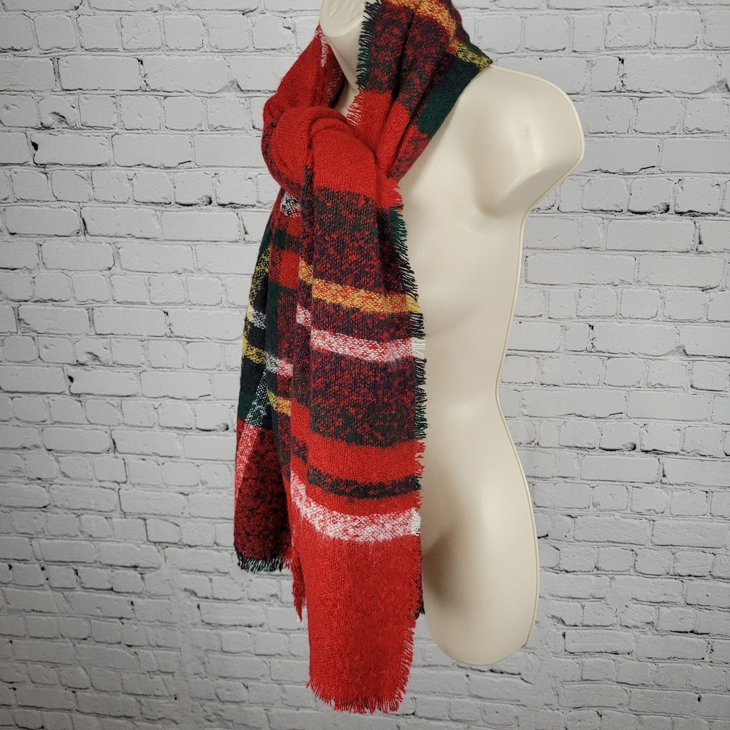 NWT J. Jill Cherry Red Multicolor Plaid Fringe Soft Rectangle Scarf 72x25