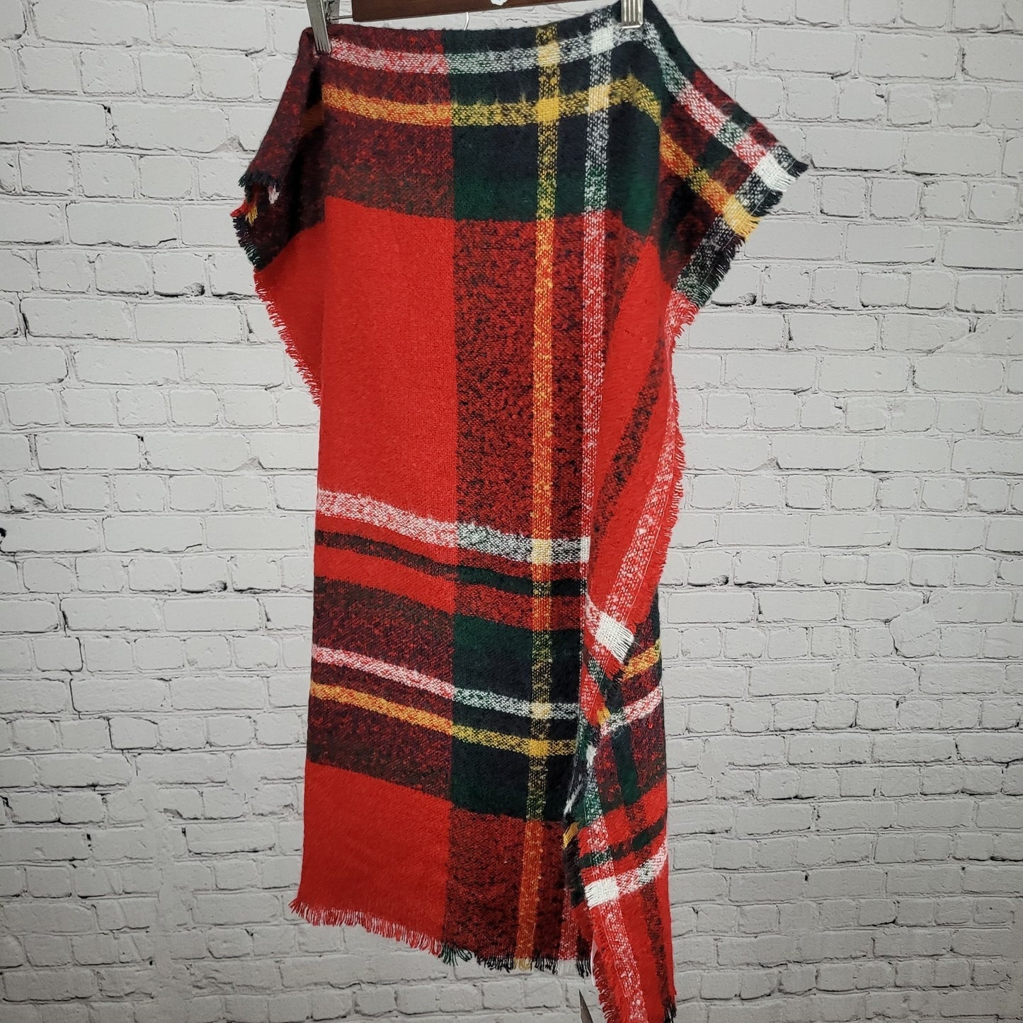 NWT J. Jill Cherry Red Multicolor Plaid Fringe Soft Rectangle Scarf 72x25