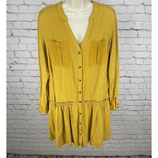Maeve Golden Yellow Buttoned Ruched Pockets Long Sleeve Shirt Dress Size 2