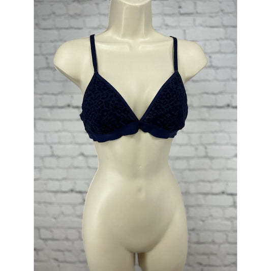Aerie Blue Leopard Print V Neck Spaghetti Cross Strap Semi Sheer Bra Wireless M