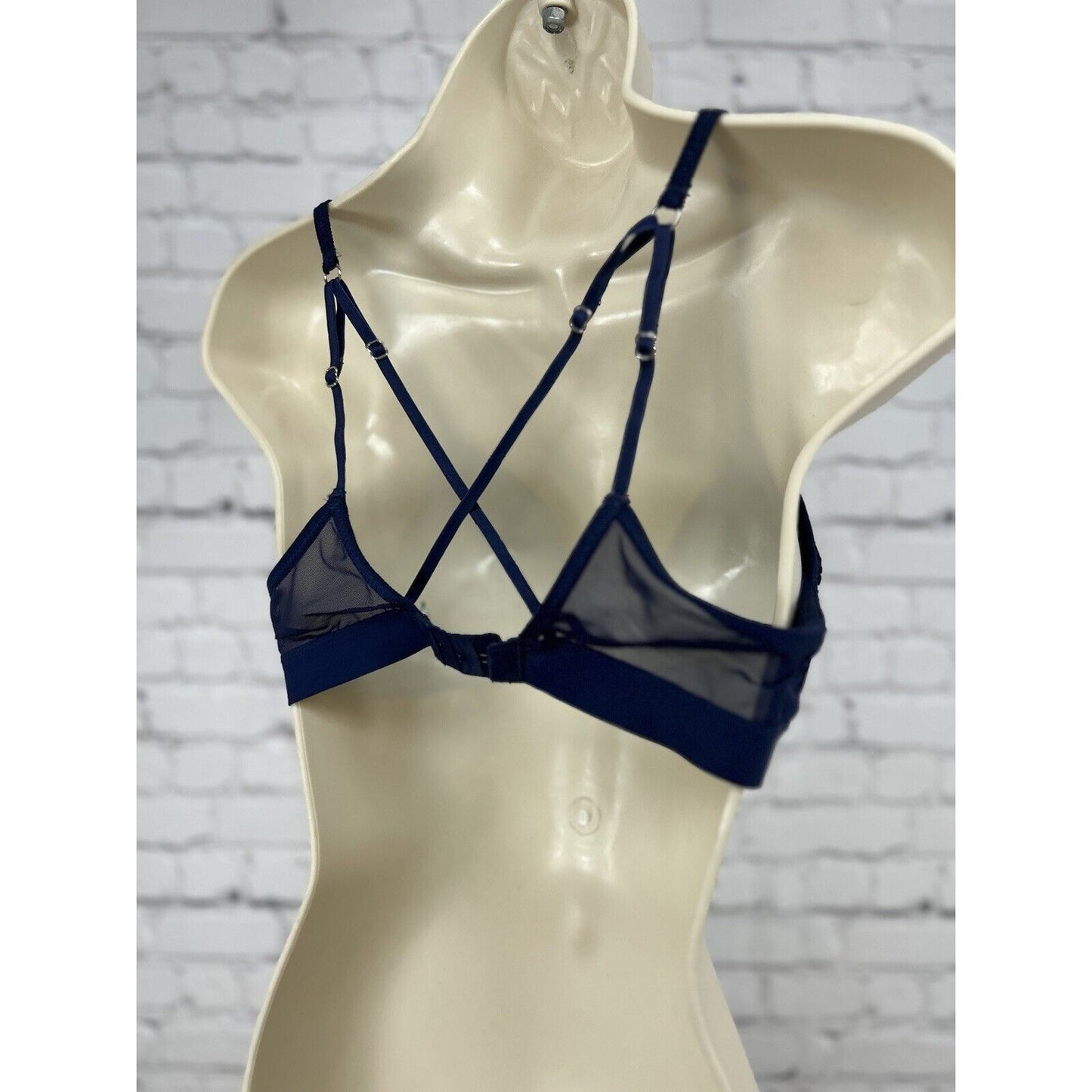 Aerie Blue Leopard Print V Neck Spaghetti Cross Strap Semi Sheer Bra Wireless M