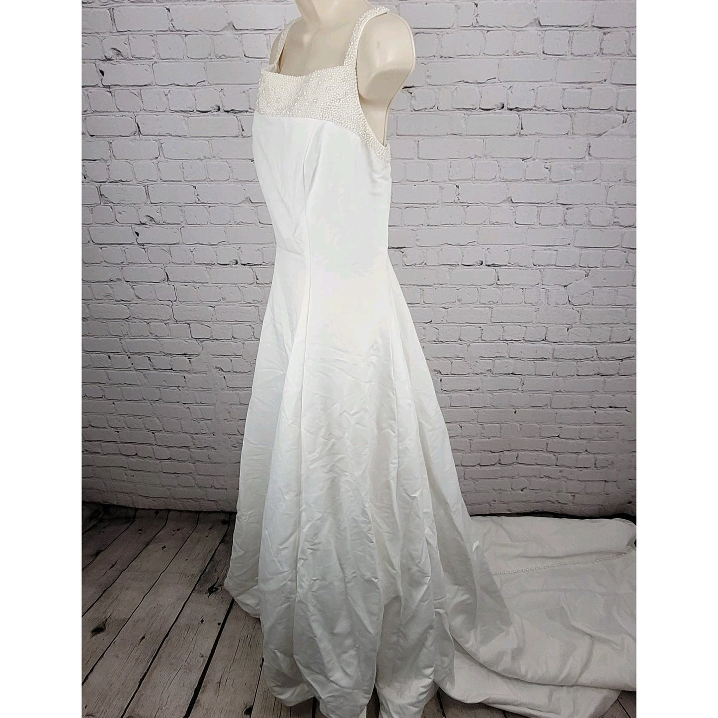 Alfred Angelo White Pearl Beaded Train Bridal A-Line #1973 Wedding Dress Gown 16