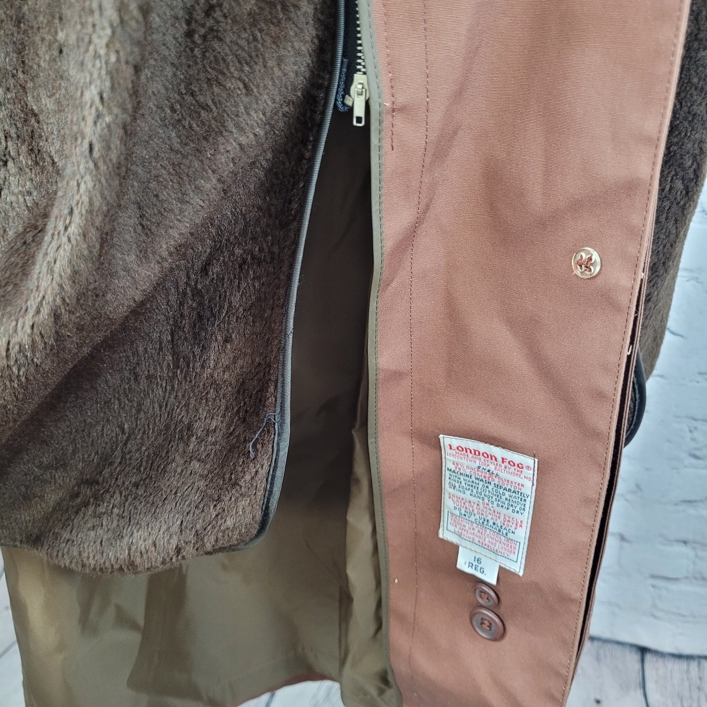 London Fog Brown Belted Faux Fur Removable Liner Buttoned Maincoat Over Coat 16R