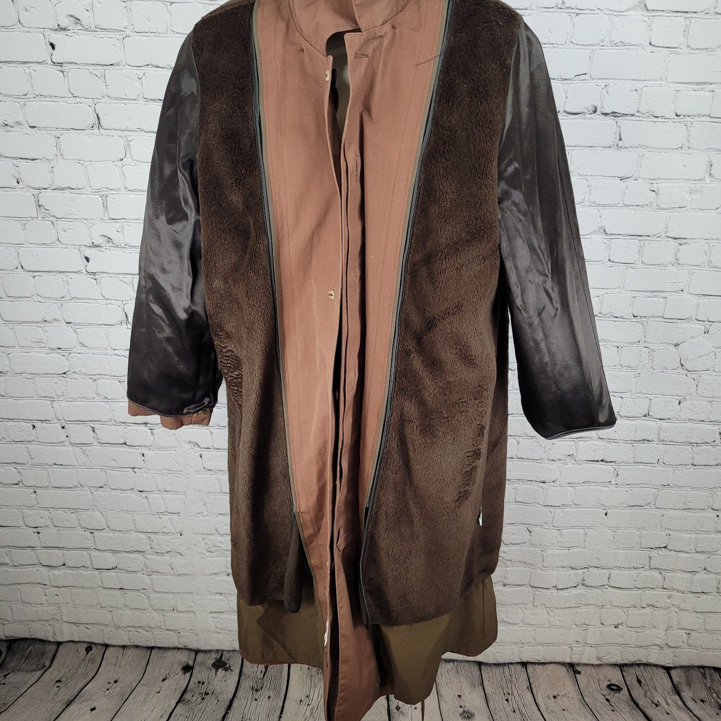 London Fog Brown Belted Faux Fur Removable Liner Buttoned Maincoat Over Coat 16R