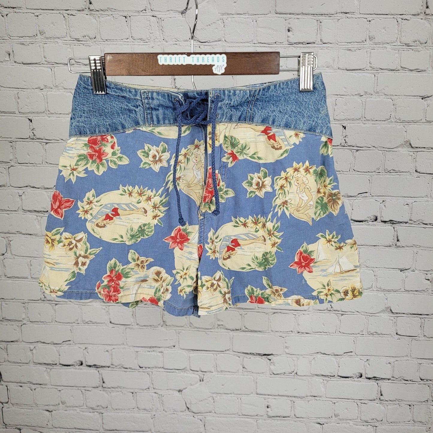 VTG Paris Blues Retro Girls Beach High Rise Lightweight Shorts USA 3 (24x3)