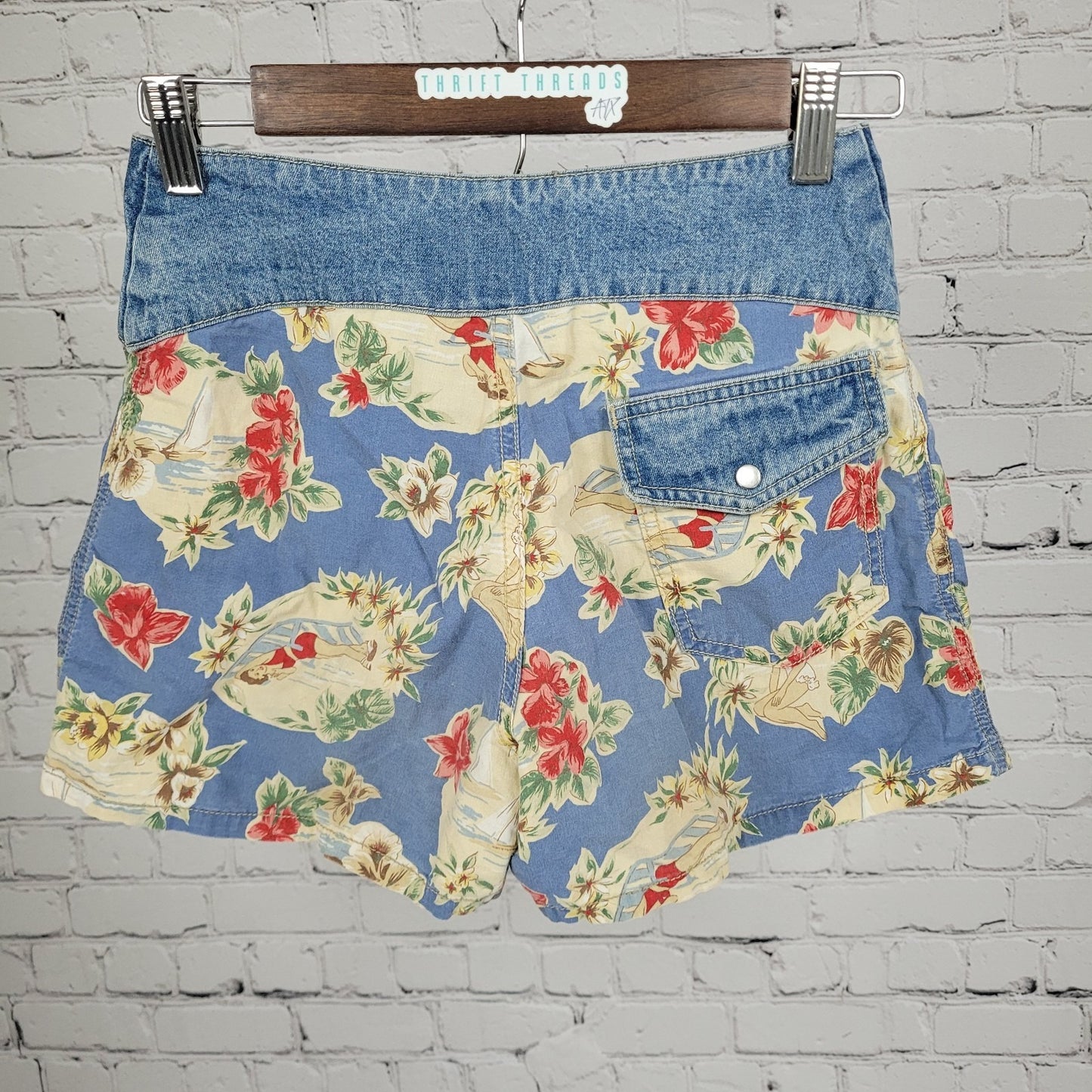 VTG Paris Blues Retro Girls Beach High Rise Lightweight Shorts USA 3 (24x3)