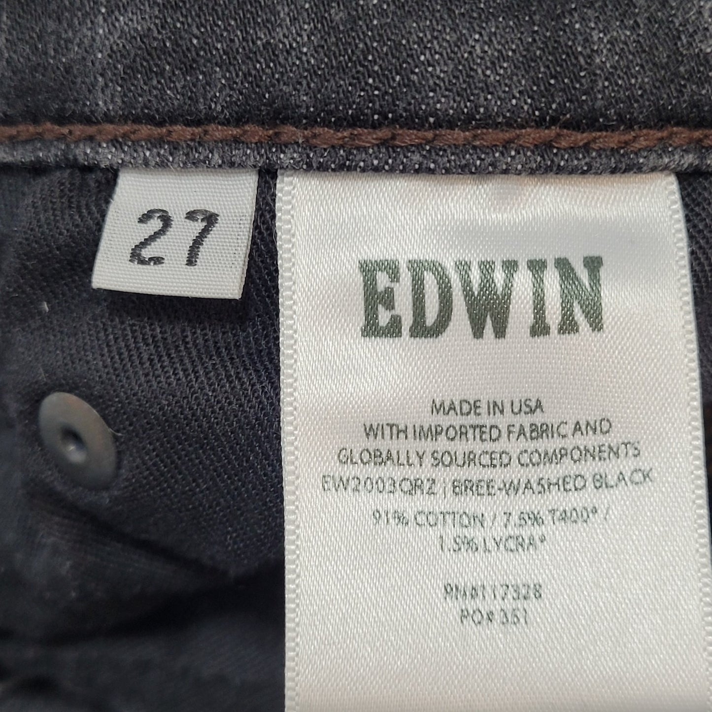 Edwin Grey Black Denim Mid Rise Straight Stretch Jeans USA Made Size 27 (27x26)