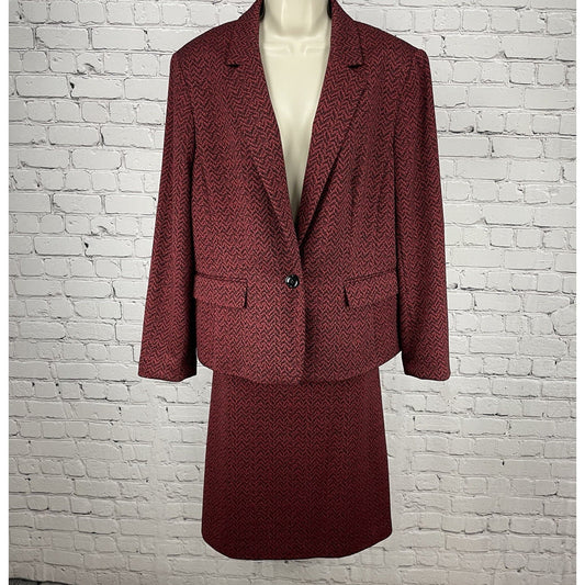 Nine West Red Chevron 1 Button Blazer Pencil Skirt Business Suit Set Size 16 XL