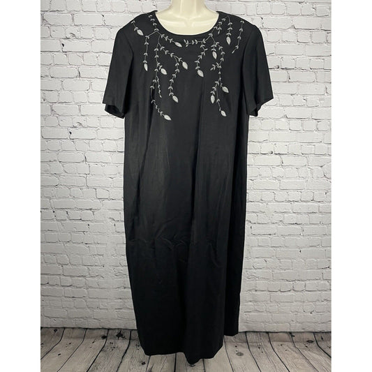 Positive Attitude Black Linen Blend Embroidered Maxi Shift Dress Lined Size 18